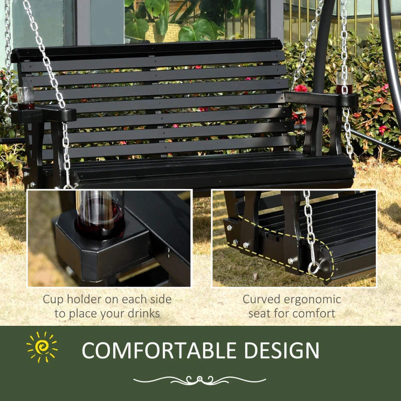 Outsunny Wooden Porch Swing with Cup Holder Armrests, Hanging Patio Bench, Cozy Outdoor Seating, Black