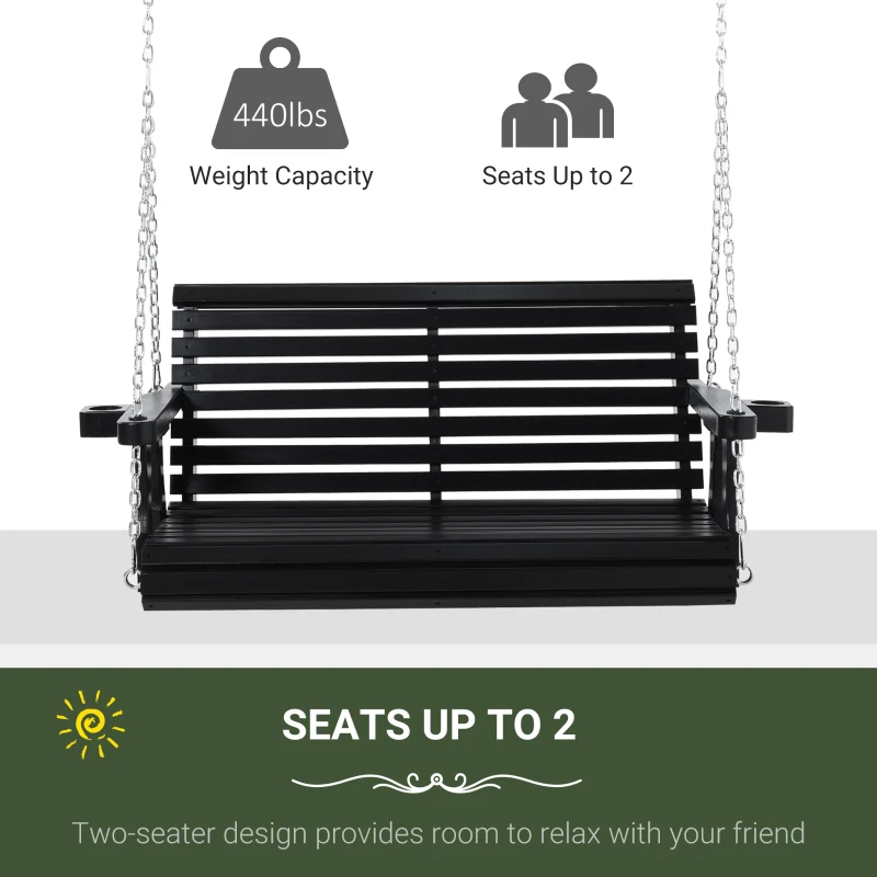 Outsunny Wooden Porch Swing with Cup Holder Armrests, Hanging Patio Bench, Cozy Outdoor Seating, Black