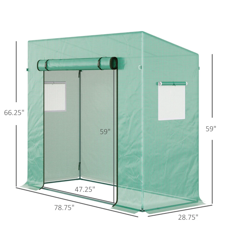 Outsunny 79" x 29" x 66" Walk-in Garden Greenhouse, Outdoor Portable Hot House with Roll-Up Door and Two Windows, Deep Green