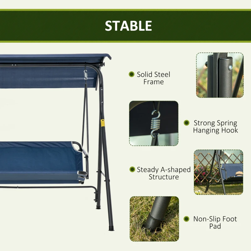Outsunny 3-Person Porch Swing with Stand, Outdoor Swing for Patio Porch with Adjustable Tilt Canopy and Comfortable Swing Bench-Style Seat, Steel Frame, Dark Blue