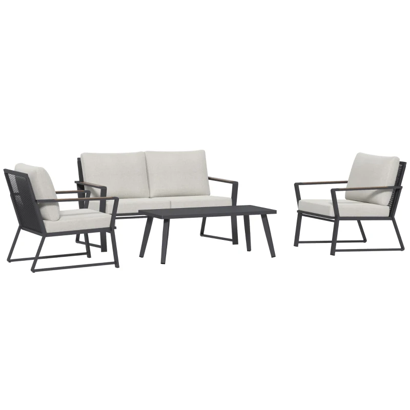 Outsunny 4 Piece Patio Furniture Set, Aluminum Conversation Set, Outdoor Garden Sofa Set with Armchairs, Loveseat, Center Coffee Table and Cushions, Cream White