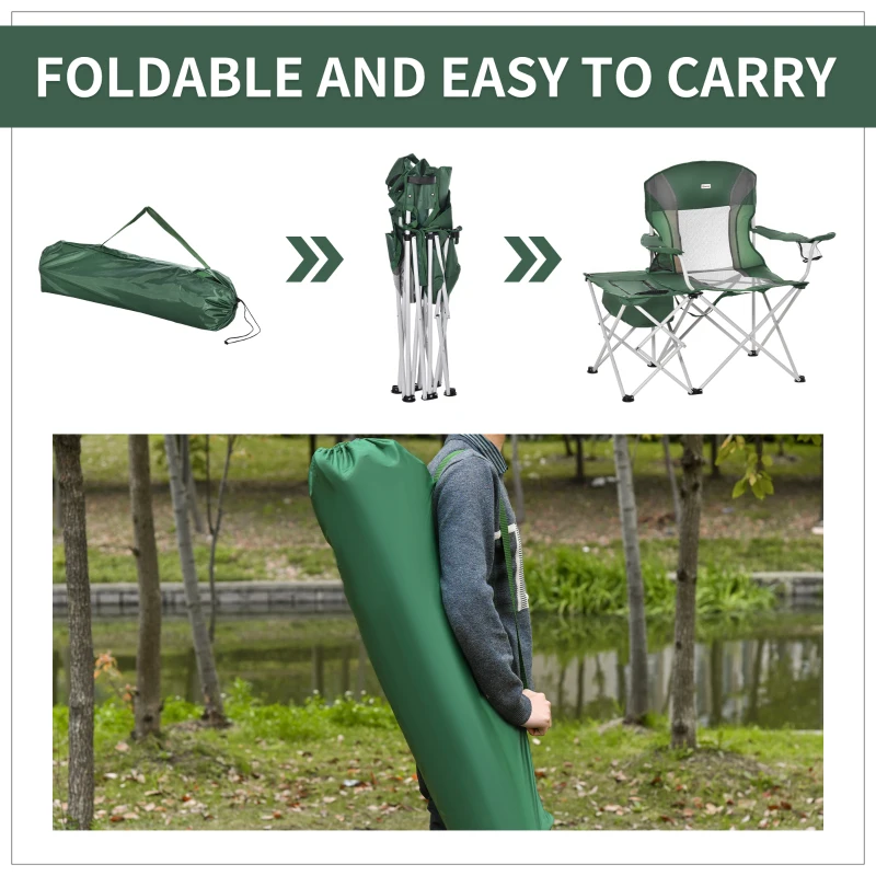 Outsunny Folding Camping Chair with Portable Insulation Table Bag, Two Cup Holders for Beach, Ice Fishing and Picnic, Green