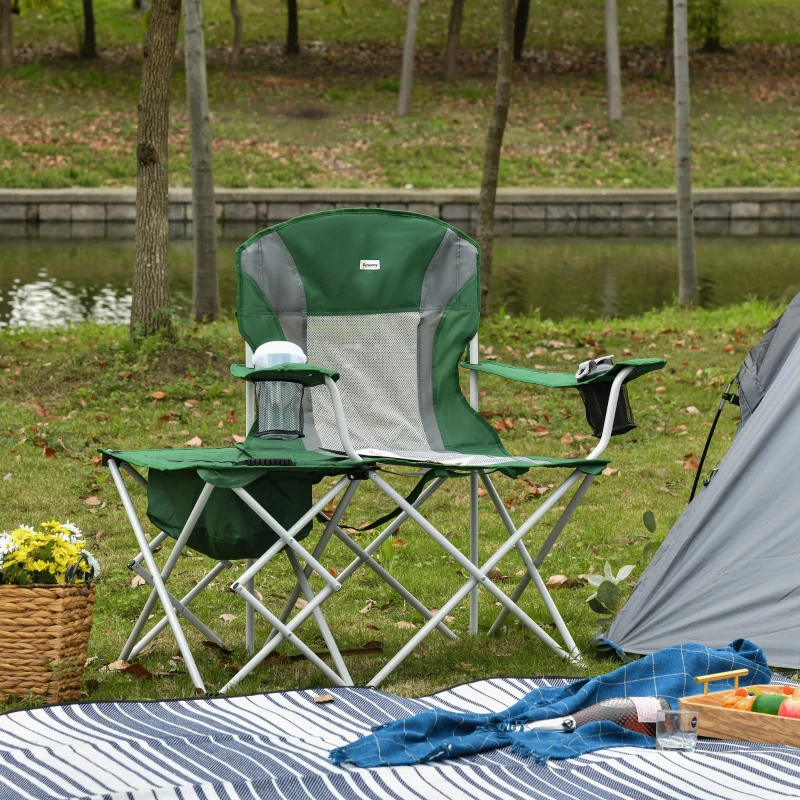 Outsunny Folding Camping Chair with Portable Insulation Table Bag, Two Cup Holders for Beach, Ice Fishing and Picnic, Green
