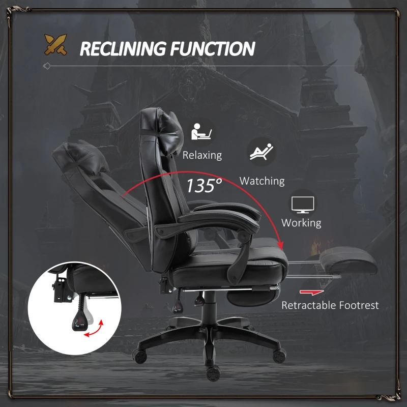 Vinsetto Gaming Office Chair with Footrest High Back Racing Chair PU Leather Executive Swivel Chair with Headrest and Lumbar Support, Black