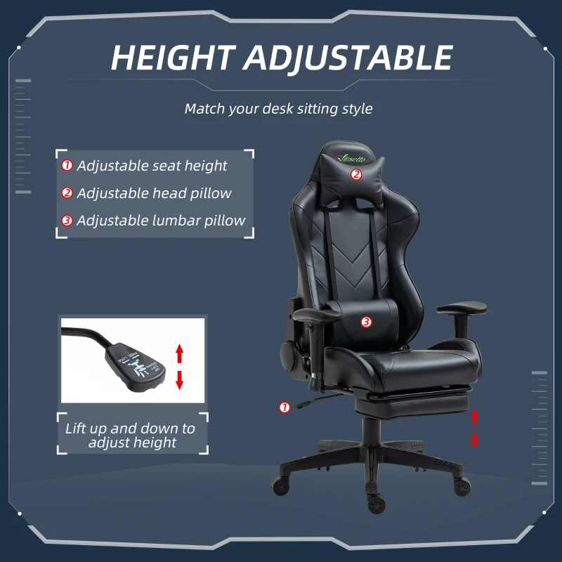 Vinsetto Gaming Chair 2D Arm Lumbar Support Swivel Office Computer Recliner Racing Gamer Desk Chair with Footrest Headrest for Home Black