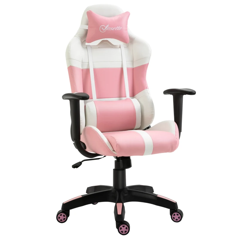Vinsetto Office Chair Racing Gaming Chair Faux Leather Adjustable Height Recliner with Wheels, Headrest, Lumbar Support for Girls Gift, Pink and White