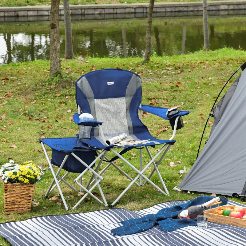 Outsunny Folding Camping Chair with Portable Insulation Table Bag, Two Cup Holders for Beach, Ice Fishing and Picnic, Navy Blue
