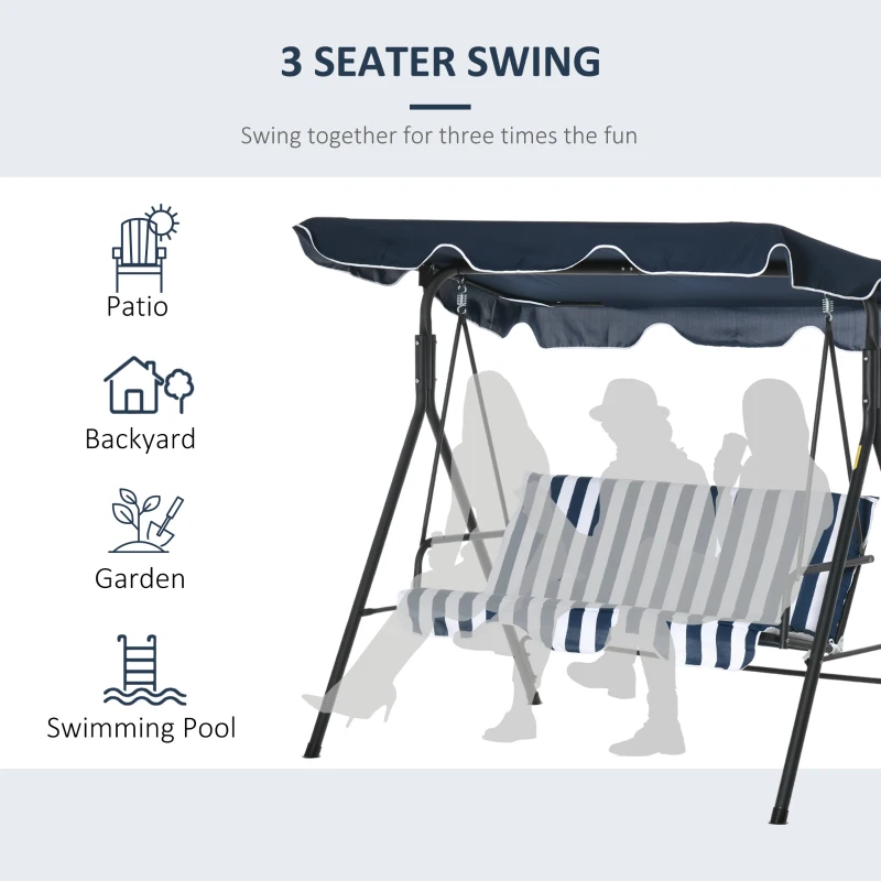 Outsunny 3-Seat Outdoor Patio Swing Chair with Removable Cushion, Steel Frame Stand and Adjustable Tilt Canopy for Patio, Garden, Poolside, Balcony, Backyard, Dark Blue and White