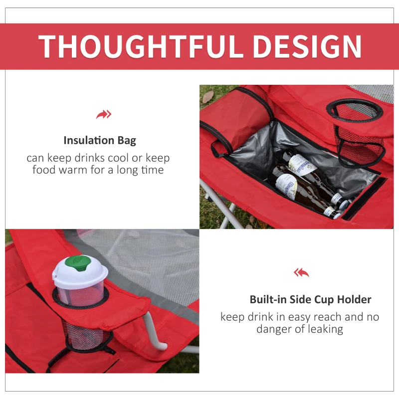 Outsunny Folding Camping Chair with Portable Insulation Table Bag, Two Cup Holders for Beach, Ice Fishing and Picnic, Red