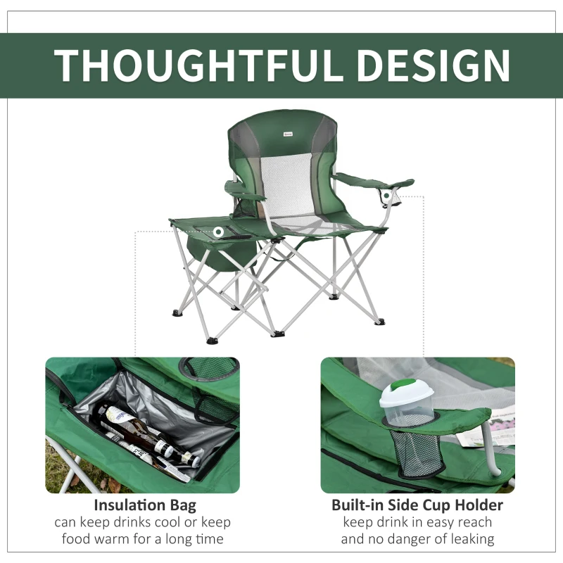 Outsunny Folding Camping Chair with Portable Insulation Table Bag, Two Cup Holders for Beach, Ice Fishing and Picnic, Green
