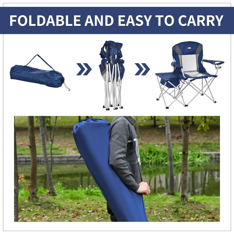 Outsunny Folding Camping Chair with Portable Insulation Table Bag, Two Cup Holders for Beach, Ice Fishing and Picnic, Navy Blue