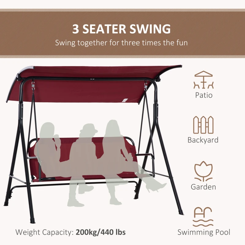 Outsunny 3-Person Porch Swing with Stand, Outdoor Swing for Patio Porch with Adjustable Tilt Canopy and Comfortable Swing Bench-Style Seat, Steel Frame, Red