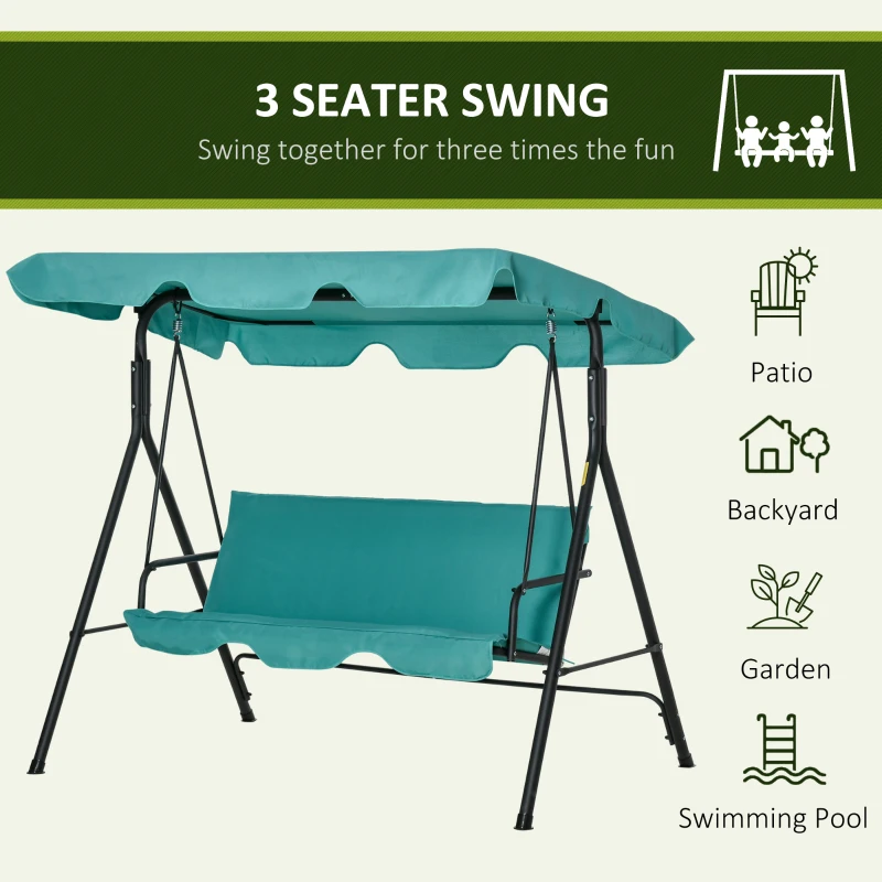 Outsunny 3-Seat Outdoor Patio Swing Chair with Removable Cushion, Steel Frame Stand and Adjustable Tilt Canopy for Patio, Garden, Poolside, Balcony, Backyard, Green