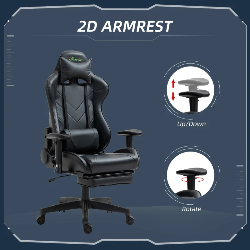 Vinsetto Gaming Chair 2D Arm Lumbar Support Swivel Office Computer Recliner Racing Gamer Desk Chair with Footrest Headrest for Home Black