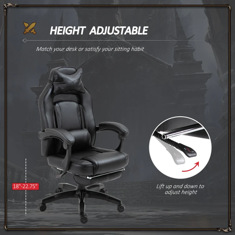Vinsetto Gaming Office Chair with Footrest High Back Racing Chair PU Leather Executive Swivel Chair with Headrest and Lumbar Support, Black