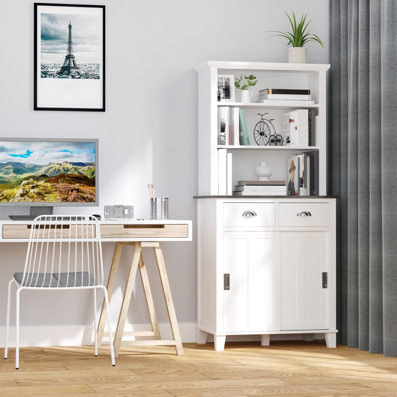 HOMCOM Freestanding Kitchen Pantry Cabinet Cupboard with Sliding Doors and Open Shelves Adjustable Shelving White