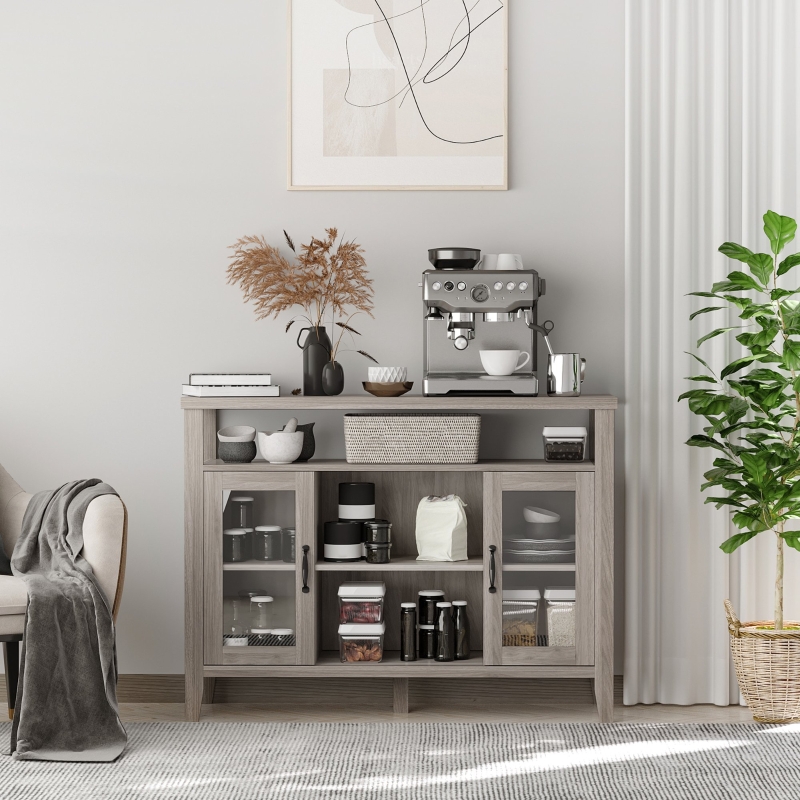 HOMCOM Rustic Style Sideboard Serving Buffet Storage Cabinet Cupboard with Glass Doors and Adjustable Shelves for Kitchen & Dining Area, Grey
