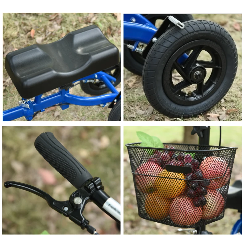 HOMCOM All Terrain Knee Walker Scooter Foldable Metal Steerable Walker with Metal Storage Basket Knee Scooter Crutches Alternative, Blue/Black