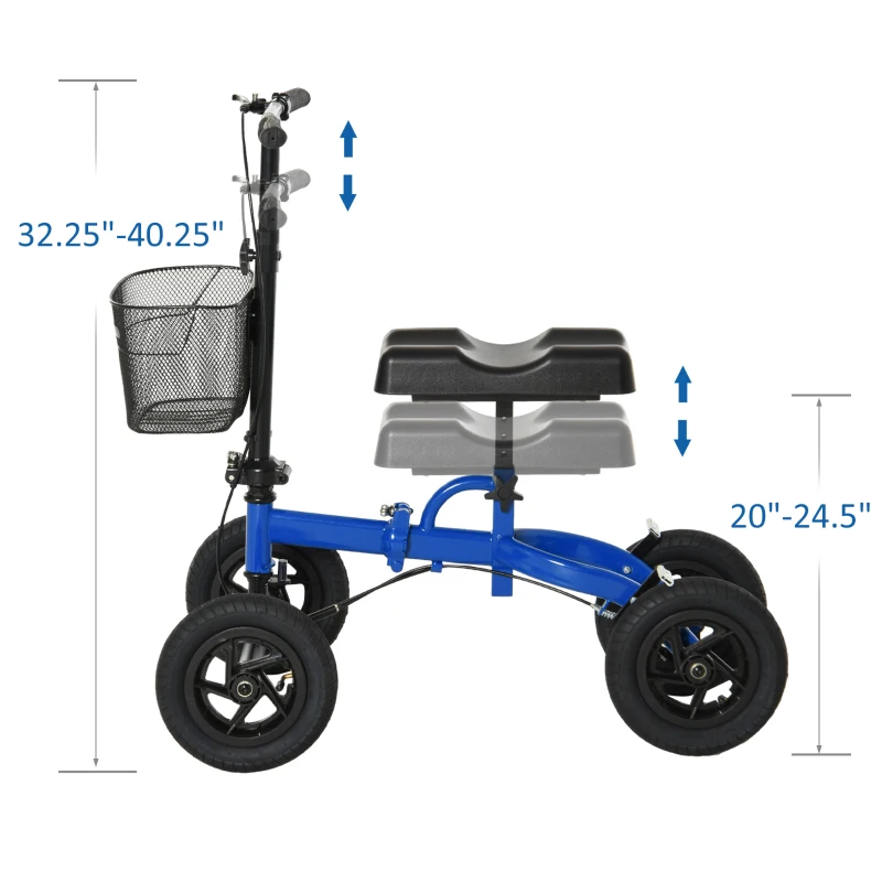 HOMCOM All Terrain Knee Walker Scooter Foldable Metal Steerable Walker with Metal Storage Basket Knee Scooter Crutches Alternative, Blue/Black