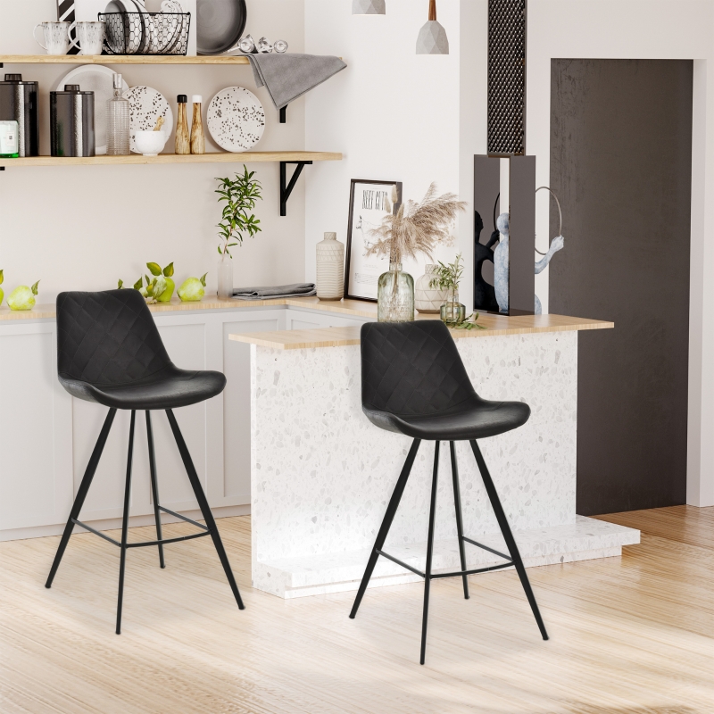 HOMCOM Set of 2 Bar Chairs Cozy Seat Metal Leg Foot Protector Sturdy Black