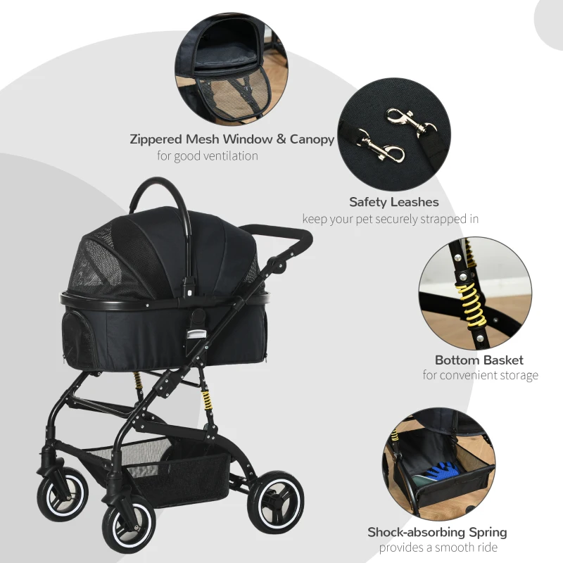 PawHut 4 Wheels Pet Stroller with Detachable Carrier, Foldable Cat Dog Travel Carriage, 2-In-1 Design Carrying Bag with Universal Wheel Brake Canopy Basket Black