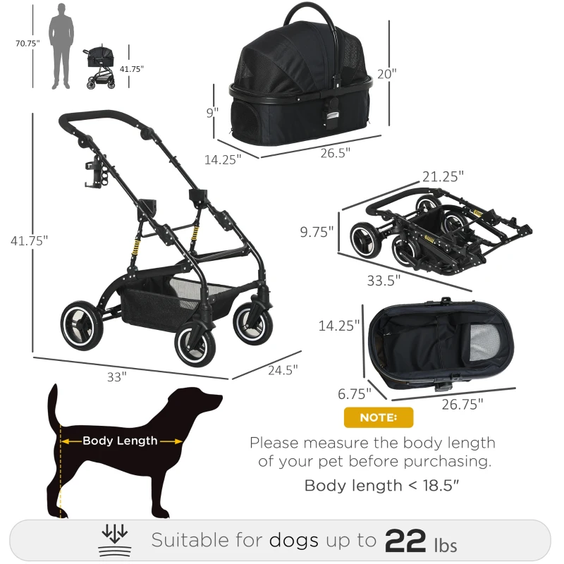 PawHut 4 Wheels Pet Stroller with Detachable Carrier, Foldable Cat Dog Travel Carriage, 2-In-1 Design Carrying Bag with Universal Wheel Brake Canopy Basket Black