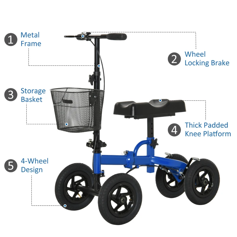 HOMCOM All Terrain Knee Walker Scooter Foldable Metal Steerable Walker with Metal Storage Basket Knee Scooter Crutches Alternative, Blue/Black