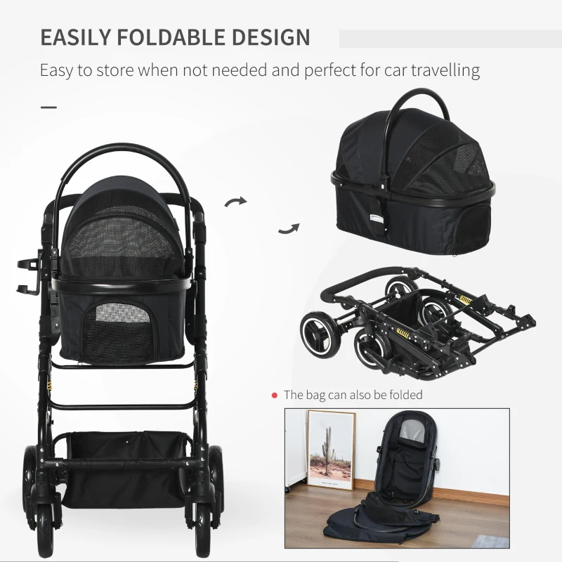 PawHut 4 Wheels Pet Stroller with Detachable Carrier, Foldable Cat Dog Travel Carriage, 2-In-1 Design Carrying Bag with Universal Wheel Brake Canopy Basket Black