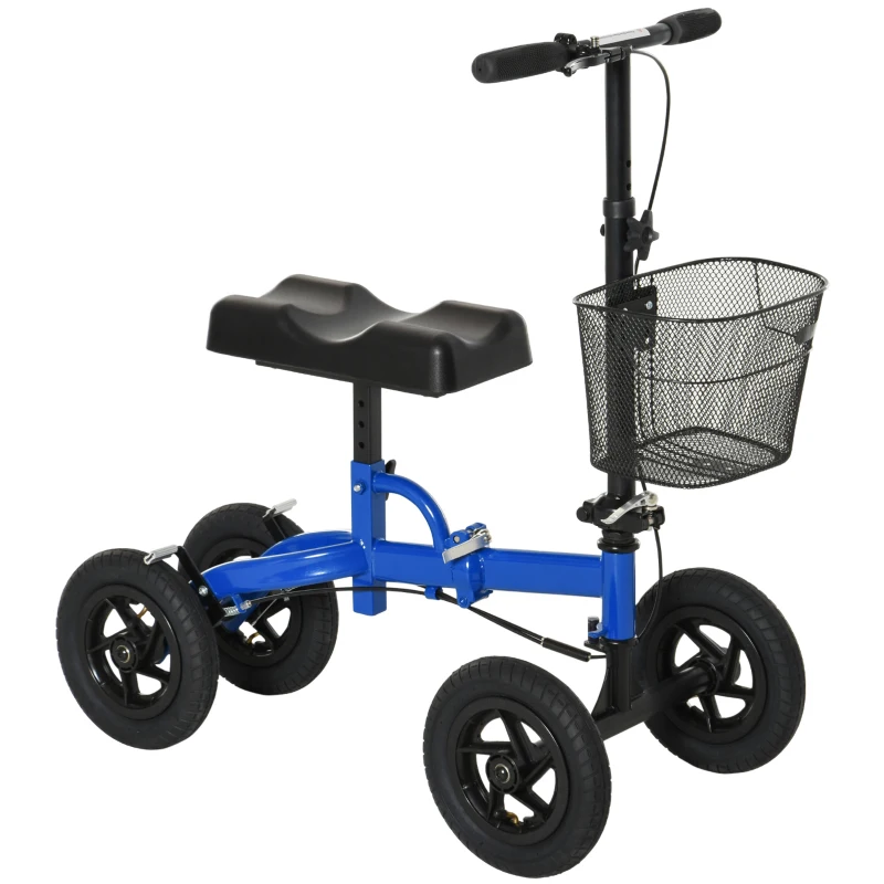 HOMCOM All Terrain Knee Walker Scooter Foldable Metal Steerable Walker with Metal Storage Basket Knee Scooter Crutches Alternative, Blue/Black
