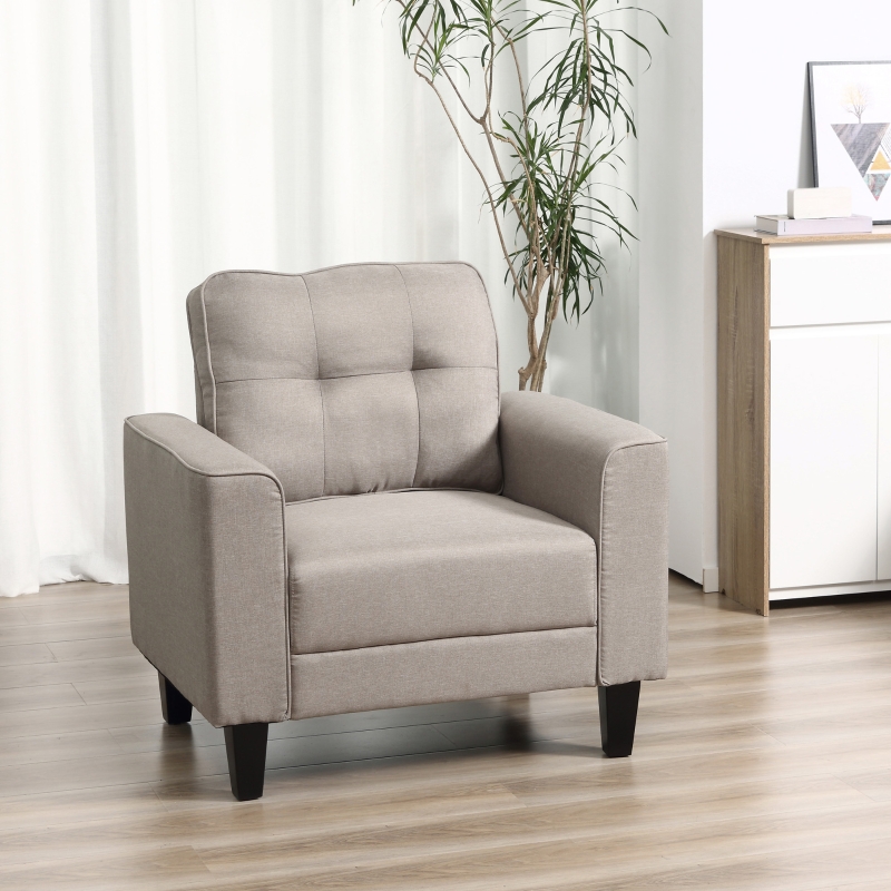 HOMCOM Button Tufted Armchair Modern Single Sofa Chair Upholstered Accent Chair with Rubber Wood Legs and Thick Padding Mid-Back for Living Room and Bedroom, Beige