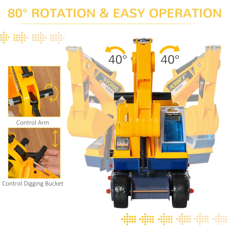 Qaba No Power 80° Rotation Ride on Excavator Digger Multi-functional Toy Construction Yellow