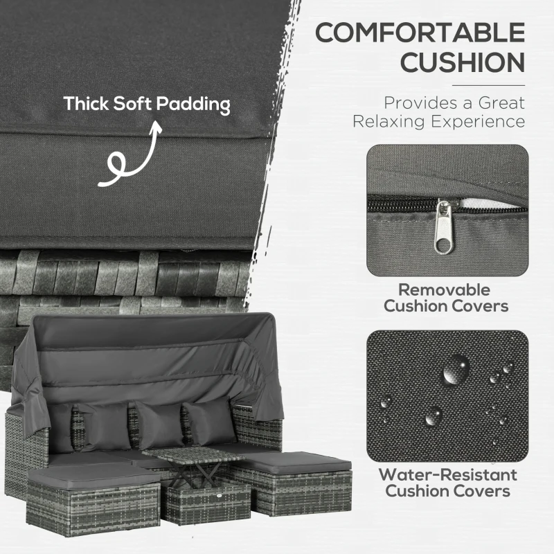 Outsunny 4 Piece Adjustable Canopy Outdoor Rattan Sofa Set Patio Furniture Wicker Sets with Height Adjustable Coffee Table & Cushions