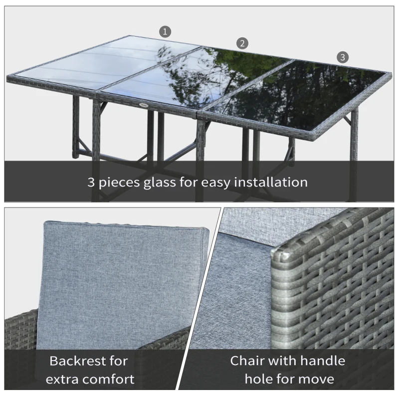 Outsunny 11 PCS Patio Dining Set Outdoor Rattan Wicker Furniture Set with Space Saving Chairs, Glass Top Table and Cushion, Mixed Grey