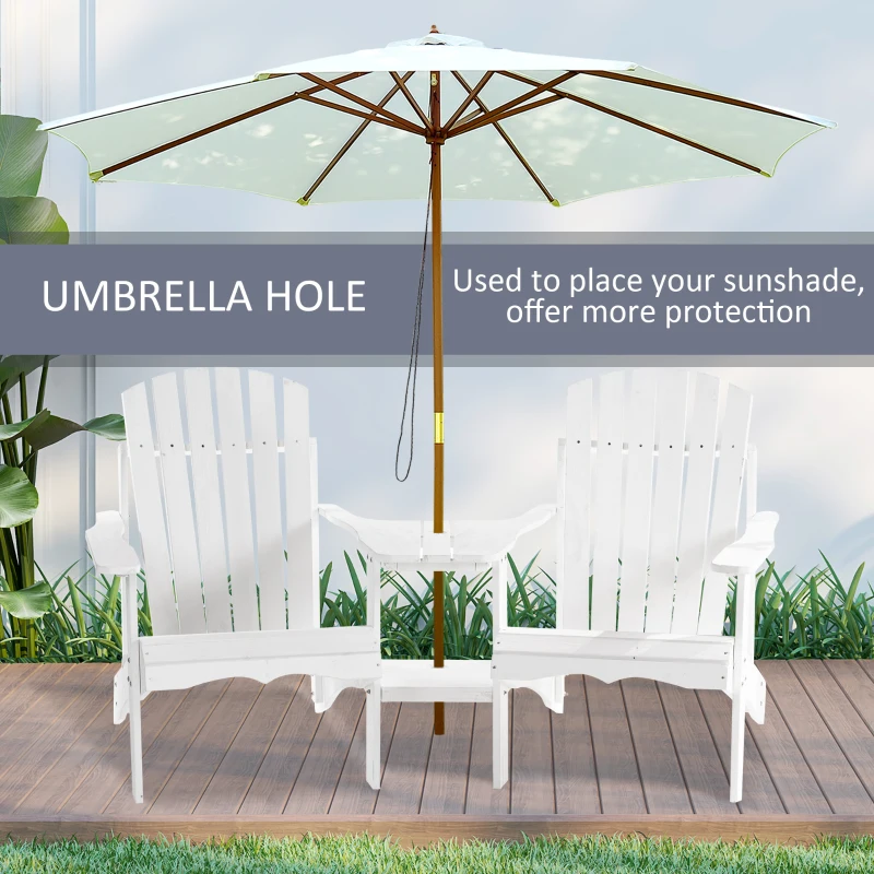 Outsunny 2 piece Pair Adirondack Chair Outdoor Patio Porch Tete-A-Tete Bench w/ Middle Table Reclined Wooden Umbrella Hole White