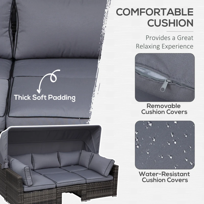 Outsunny Outdoor Daybed with Canopy, 4 Piece Sectional Patio Furniture Set, Cushions, Coffee Table Ottoman, PE Wicker Conversation Sofa Set and Convertible Sunbed, Gray