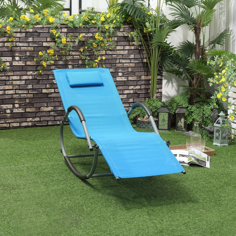 Outsunny Outdoor Rocking Chair, Chaise Lounge Pool Chair for Sun Tanning, Sunbathing Rocker, Armrests & Pillow for Patio, Lawn, Beach, Large, Blue