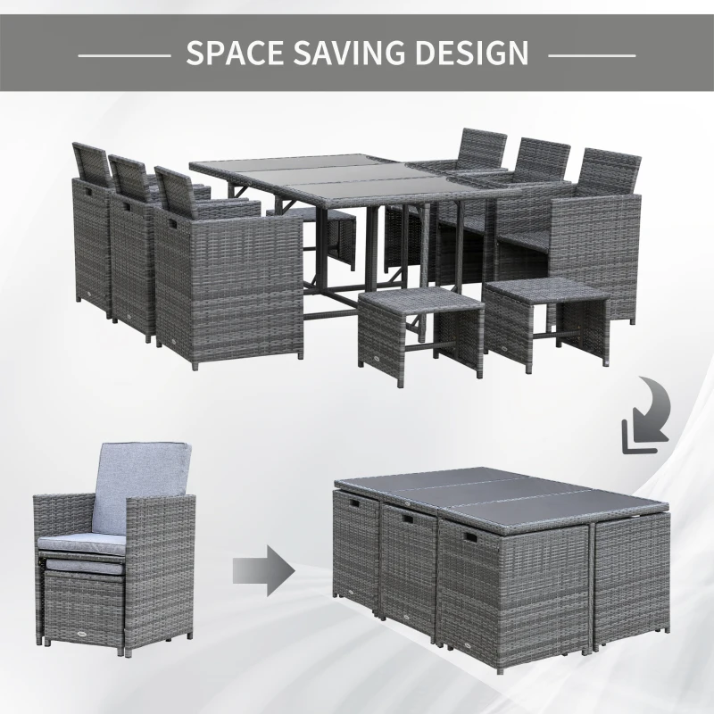 Outsunny 11 PCS Patio Dining Set Outdoor Rattan Wicker Furniture Set with Space Saving Chairs, Glass Top Table and Cushion, Mixed Grey