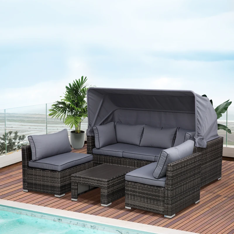 Outsunny Outdoor Daybed with Canopy, 4 Piece Sectional Patio Furniture Set, Cushions, Coffee Table Ottoman, PE Wicker Conversation Sofa Set and Convertible Sunbed, Gray