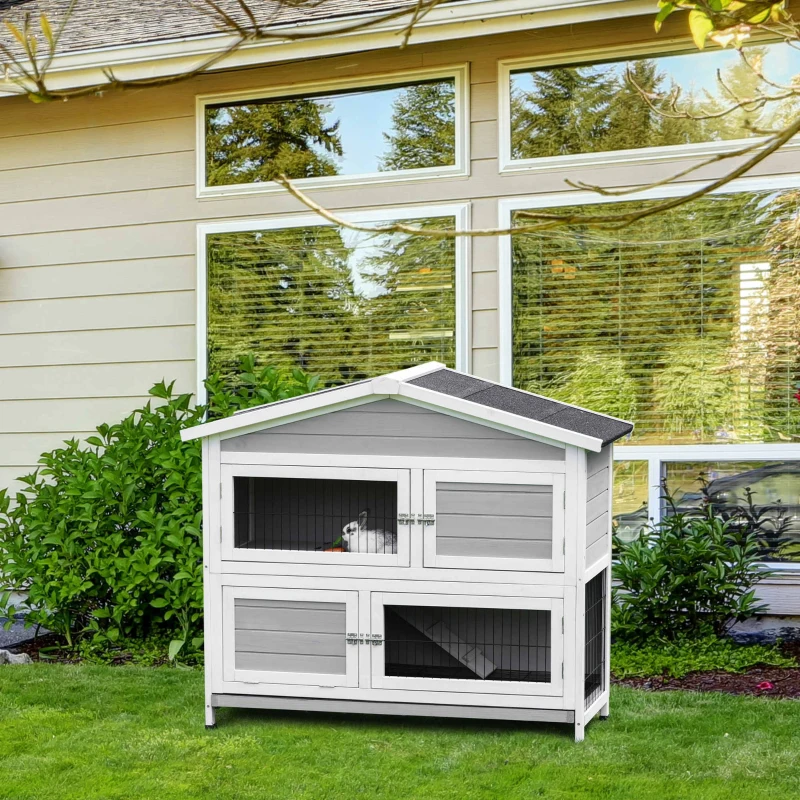 PawHut 48" 2-Story Rabbit Hutch Wooden Bunny Cage Small Animal Habitat with Ramp, No Leak Tray and Weatherproof Asphalt Roof, Indoor/Outdoor Light Grey