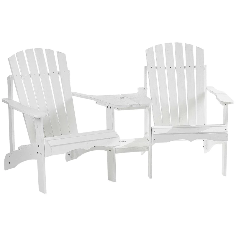 Outsunny 2 piece Pair Adirondack Chair Outdoor Patio Porch Tete-A-Tete Bench w/ Middle Table Reclined Wooden Umbrella Hole White