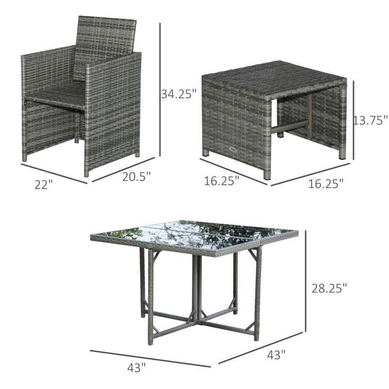 Outsunny 9 Piece Outdoor Rattan Wicker Dining Table and Chairs Furniture Set Space Saving Wicker Chairs w/ Cushions - Gray
