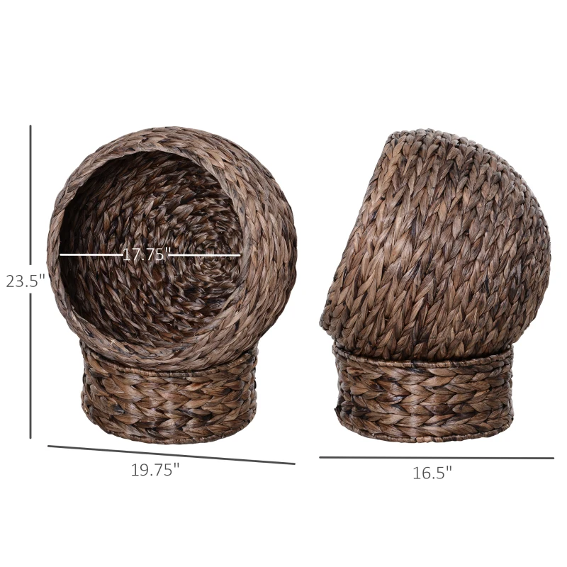 PawHut Handwoven Elevated Cat Bed with Rotating Basket and Soft Cushion, Wicker Cat Egg Chair with Stand, Brown