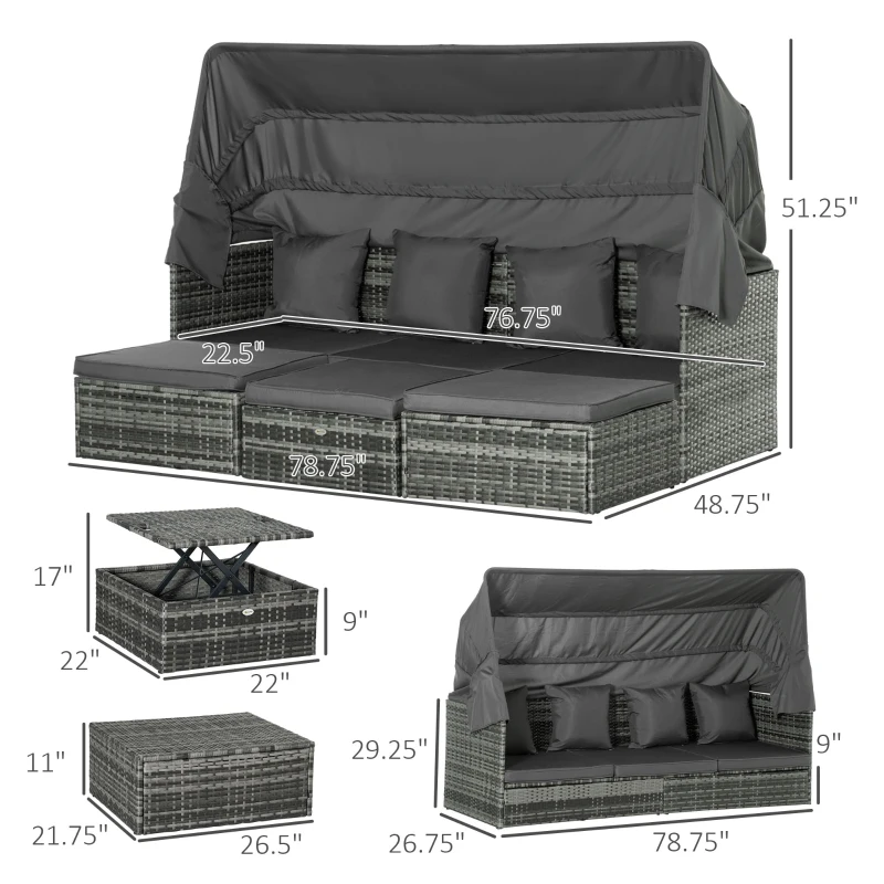 Outsunny 4 Piece Adjustable Canopy Outdoor Rattan Sofa Set Patio Furniture Wicker Sets with Height Adjustable Coffee Table & Cushions