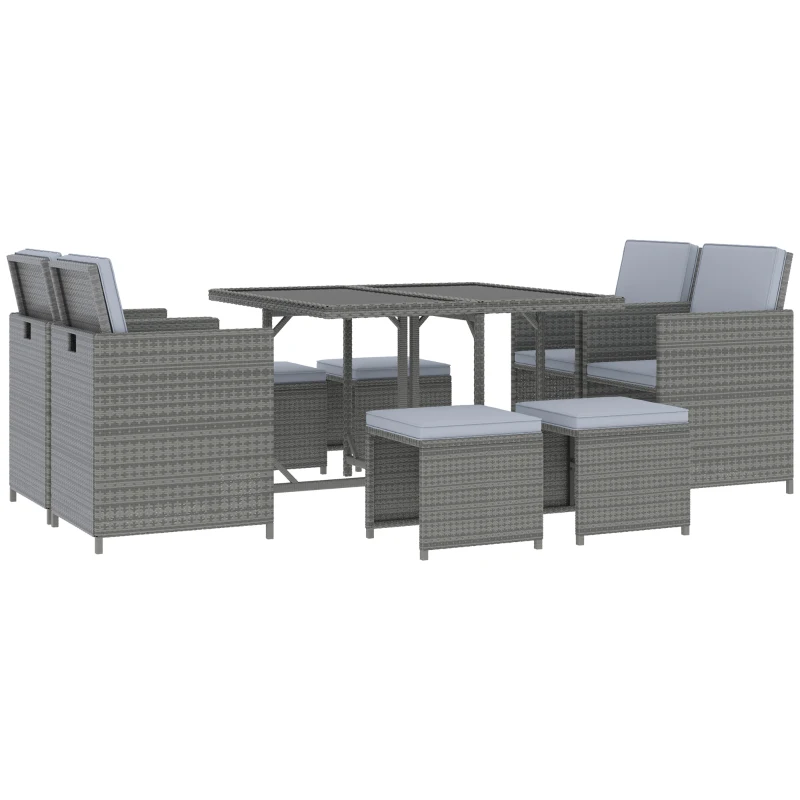 Outsunny 9 Piece Outdoor Rattan Wicker Dining Table and Chairs Furniture Set Space Saving Wicker Chairs w/ Cushions - Grey