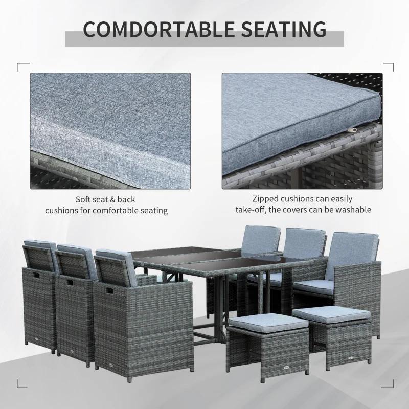 Outsunny 11 PCS Patio Dining Set Outdoor Rattan Wicker Furniture Set with Space Saving Chairs, Glass Top Table and Cushion, Mixed Grey