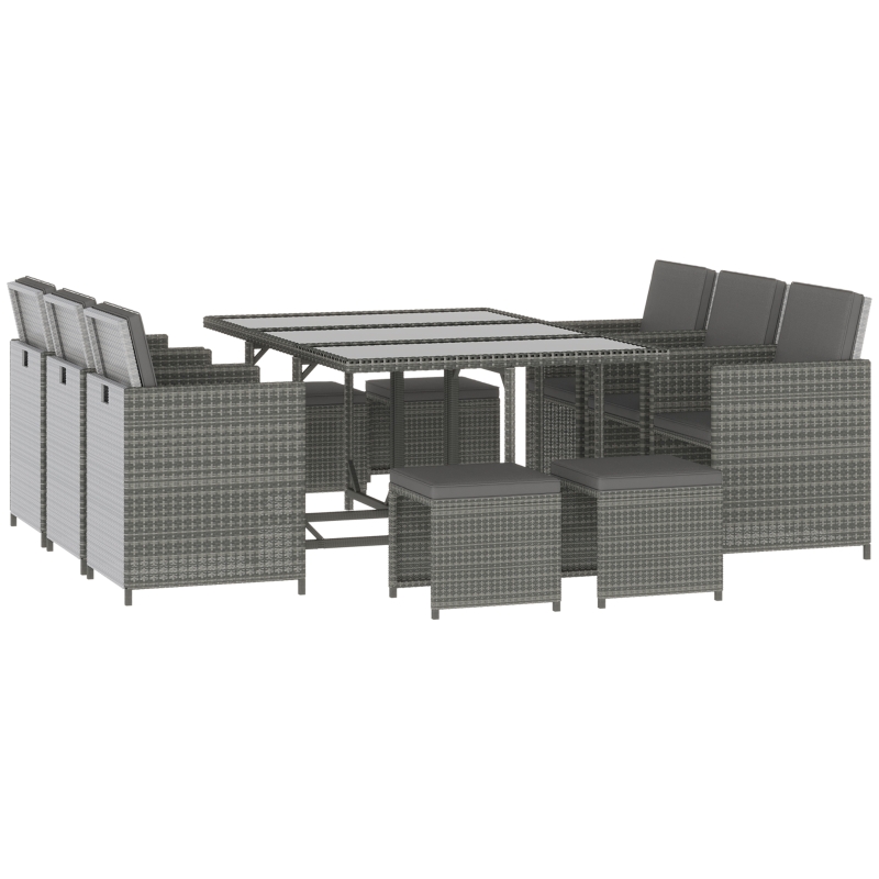 Outsunny 11 Pieces Patio Wicker Dining Sets, Space Saving Outdoor Sectional Conversation Set, with Dining Table, Ottoman and Chair & Cushioned for Lawn Garden Backyard, Dark Grey
