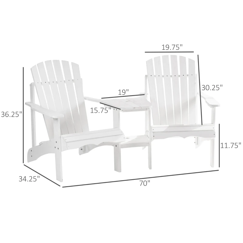 Outsunny 2 piece Pair Adirondack Chair Outdoor Patio Porch Tete-A-Tete Bench w/ Middle Table Reclined Wooden Umbrella Hole White