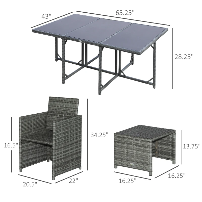 Outsunny 11 PCS Patio Dining Set Outdoor Rattan Wicker Furniture Set with Space Saving Chairs, Glass Top Table and Cushion, Mixed Grey