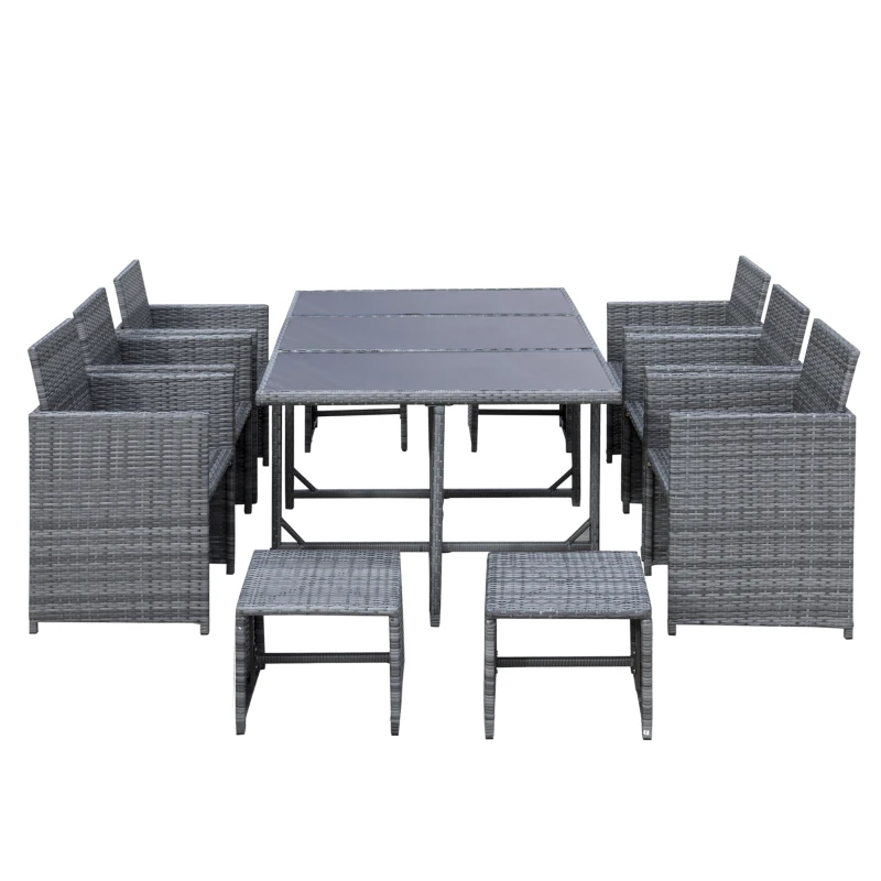 Outsunny 11 PCS Patio Dining Set Outdoor Rattan Wicker Furniture Set with Space Saving Chairs, Glass Top Table and Cushion, Mixed Grey