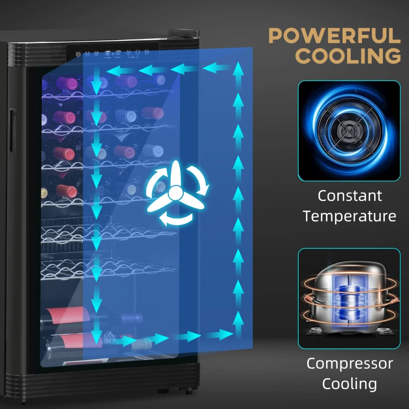 HOMCOM 33 Bottle Wine Cooler, Mini Beverage Fridge, Freestanding Wine Cellar with Digital Temperature Control, 6 Removable Shelves, Glass Door, Alarm Function and LED Lighting, Black
